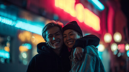 Young Asian couple smiling and hugging under neon lights in the city at night, expressing love and joy in an urban setting