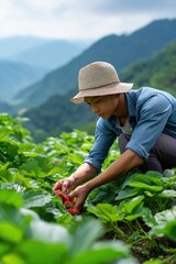 Young asian male farmer harvesting strawberries in mountainous green field