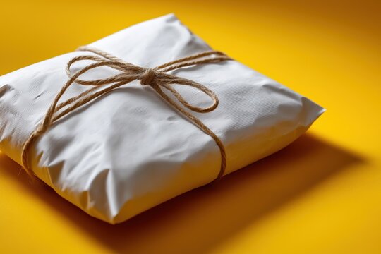 Simple brown wrapped package tied with string on vibrant yellow background