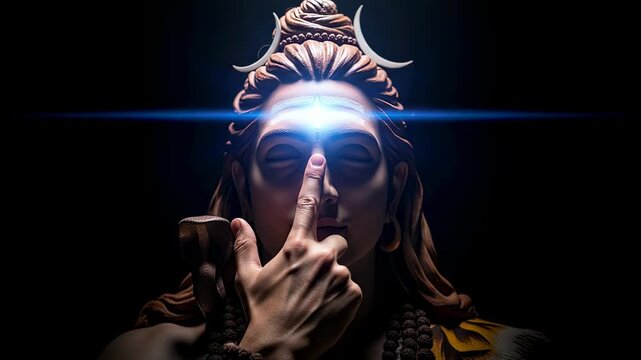 Closeup of lord shiva, the hindu god of destruction and transformation, in a meditative pose, showcasing his divine power and spiritual energy in a dramatic light