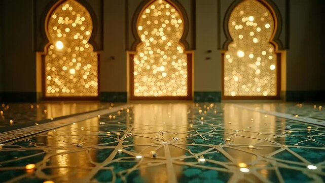 Captivating bokeh lights shimmer through ornate Islamic archways creating a magical, warm glow on a decorative tiled floor.