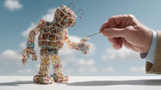 Mentorship in action with colorful construction of a humanoid figure on tabletop
