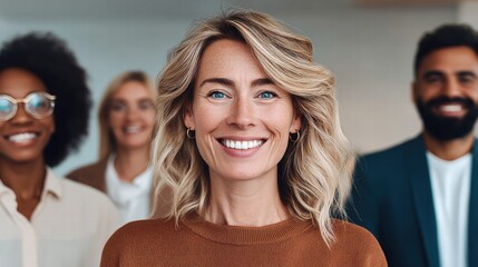 Smiling diverse team of professionals, showcasing unity and collaboration in a modern office setting.