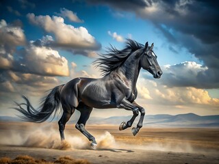 A majestic black horse gallops freely across a vast desert landscape under a dramatic sky