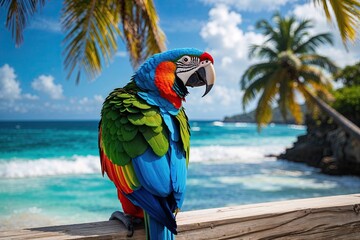 Vibrant Parrot Overlooking a Tropical Ocean Breeze