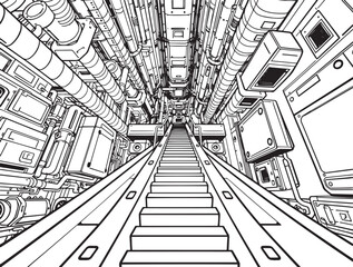 Factory, technical room, futurism, industry, equipment, mechanisms. Hand drawn vector illustration