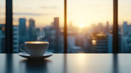 Coffee cup overlooking city at sunrise morning beverage