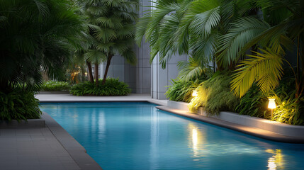 Fototapeta premium Tropical Poolside Oasis with Relaxing Greenery and Gentle Light