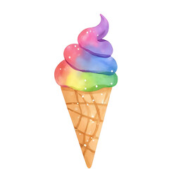 a beautiful watercolor ice cream in a cone with a rainbow gradient isolated on a transparent background