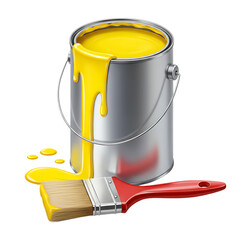 Yellow Paint Can with Brush Dripping Glossy Paint On Isolated Transparent Background

