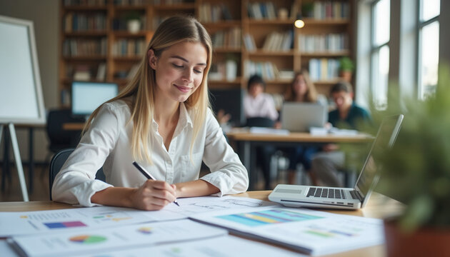 Young woman studying and taking notes at desk in library