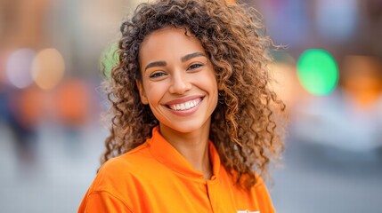 A radiant woman with a big, genuine smile poses for the camera, exuding happiness and joy.