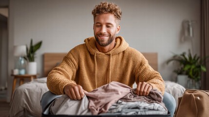 A man smiles while packing clothes in a suitcase, ready for his trip.