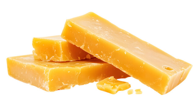 Three yellow blocks of butter are stacked on top of each other. The butter is cut in half, revealing a yellow center