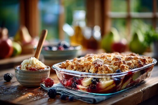Delicioso crumble casero de peras y moras en una cocina iluminada por la tarde