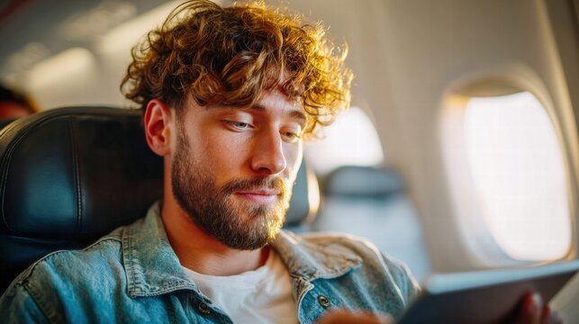 A young man uses a tablet on an airplane, enjoying his journey.