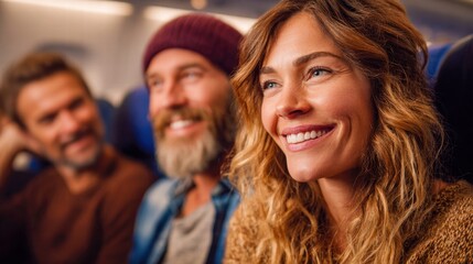 Obraz premium Smiling friends share a happy moment while traveling on an airplane.