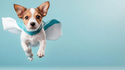 Adorable puppy flying with cape action portrait on blue background