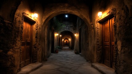 dimly lit historic stone corridor with wooden doors and warm wall lamps at night.