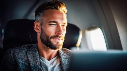 A stylish businessman travels on a plane, looking relaxed and focused on his work.