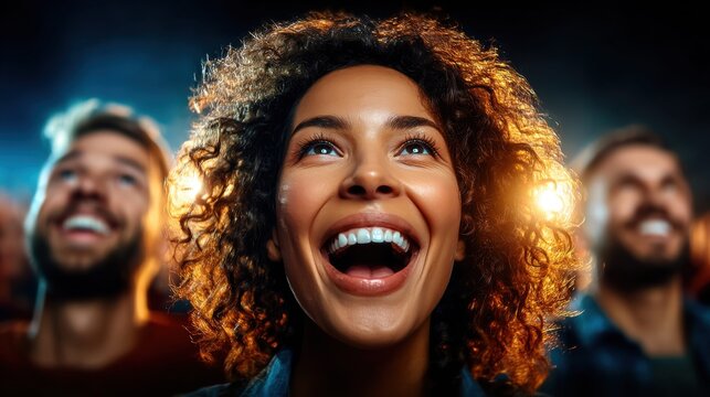 A diverse group of friends laughing in pure joy under warm lighting