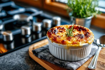 Sopa de cebolla francesa en un tazón blanco minimalista sobre una mesa moderna de cocina