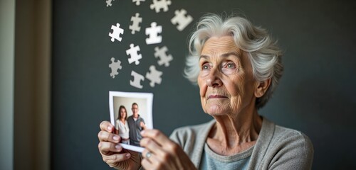 Senior woman with gray hair holding a family photo, looking thoughtful. Puzzle pieces on the wall behind her symbolize memory loss, dementia, or Alzheimer’s disease.
