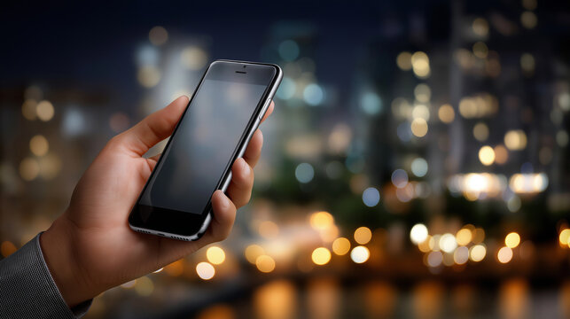 Smartphone in hand against a softly lit city skyline - Powered by Adobe