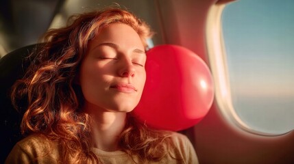 A woman sleeping on an airplane with a red balloon, enjoying the peaceful flight.