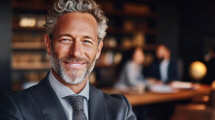A distinguished older businessman smiles confidently at the camera in a well-lit office setting.