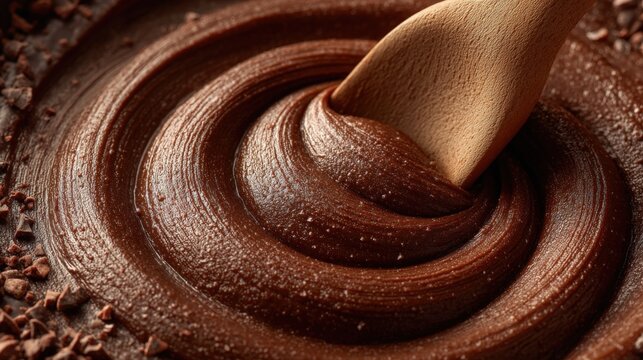 Wooden paddle stirs organic cacao nibs slurry in conching machine in Valencia