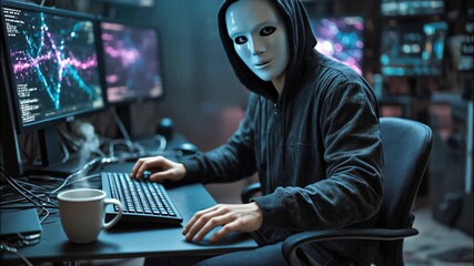A masked hacker in a dark hoodie sits at a computer desk surrounded by monitors displaying code and graphs, in a dimly lit room.