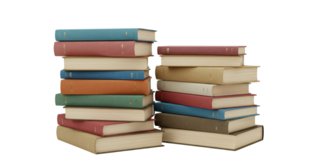 Books PNG, A collection of stacked books arranged in vertical columns, showcasing a variety of colors and sizes.