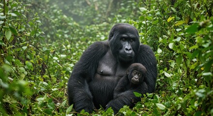 Obraz premium Protective Mountain Gorilla Mother Cradles Her Infant in a Lush, Misty Rainforest
