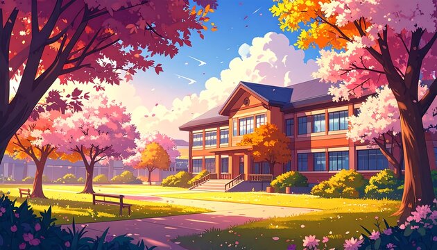 Springtime school scene, colorful landscape