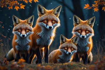 Four Skittish Foxes with Sparkling Eyes in a Mystical Autumn Night