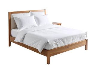 Modern wooden bed with white linens on transparent background