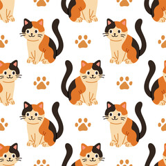 Vector seamless pattern with adorable calico kittens and orange paw prints. Cute sitting tricolor cats on white background. Cheerful and playful seamless pattern design.