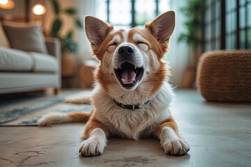 Adorable Canine Yawning in a Laid-Back Indoor Atmosphere
