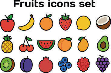 Set of colorful fruit icons including apple, banana, orange, strawberry, lemon, coconut, pineapple, cherry, watermelon, peach, mango, avocado, kiwi, plum, tomato, blueberry, raspberry, and grape 