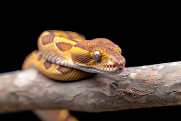 Obraz premium A vibrant boa constrictor resting on a branch, showcasing its intricate pattern and colors against a dark background.