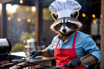 Sweet Raccoon Grillmaster in a Chef Hat and Apron with Tongs Grilling Outdoors