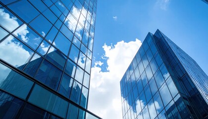 Modern Glass Skyscrapers Reflecting Clouds Against a Blue Sky in an Urban Environment