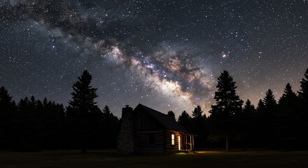 星空輝く山小屋、静かに夜を彩る温かな光. AI Generated