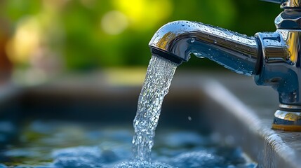 Water flows from a metal tap outdoors with a blurred green background.