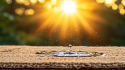 Water drop suspended in golden light natural environment concept