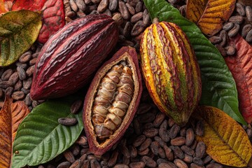 Two whole and one halved cocoa pods rest on a bed of cocoa beans and autumnal leaves.  The pods display rich, varied hues of red, yellow, and brown