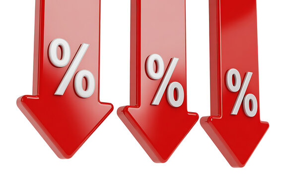 Three red downward pointing arrows with percent signs