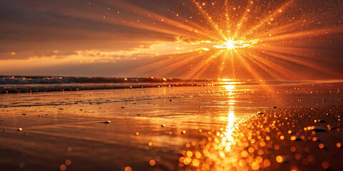 Warm golden and orange rays of light with sparkles on a reflective surface