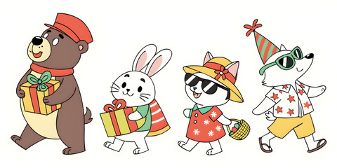 Fototapeta premium Cartoon bear rabbit cat and dog characters in holiday outfits walking with gifts and baskets